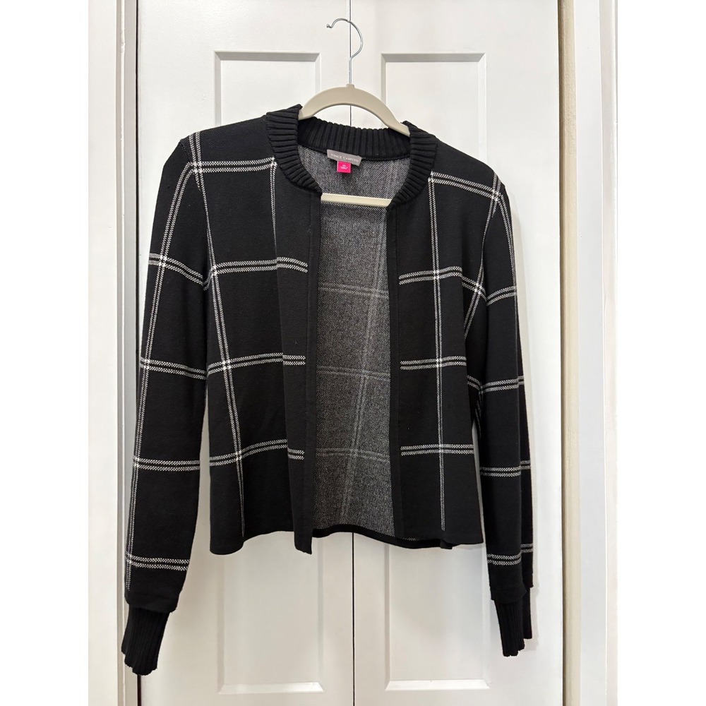 Vince Camuto Womens Black White Windowpane Plaid Open Front Cardigan Sweater XS